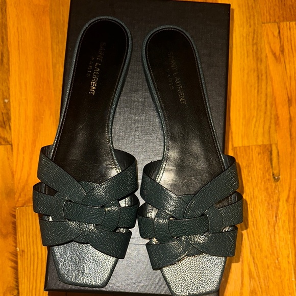 Saint Laurent Shoes - Saint Laurent dark green Sandals with Crisscross Straps